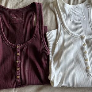 Aerie- Ribbed Button Front Tank Tops - White & Burgundy